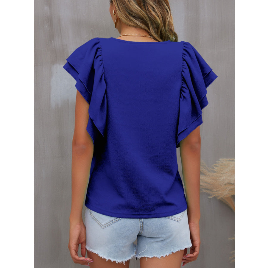 Round Neck Flounce Sleeve Blouse Apparel and Accessories