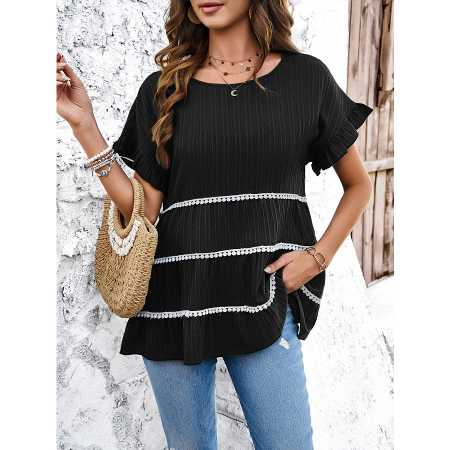 Round Neck Flounce Sleeve Blouse Apparel and Accessories