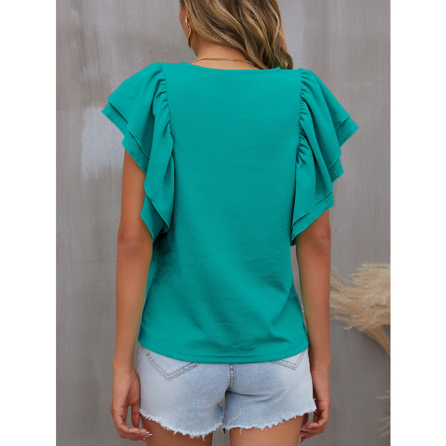 Round Neck Flounce Sleeve Blouse Apparel and Accessories