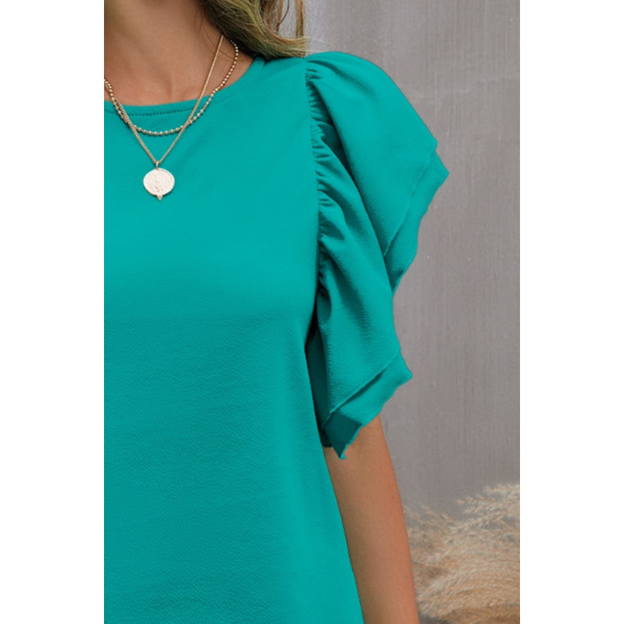 Round Neck Flounce Sleeve Blouse Apparel and Accessories