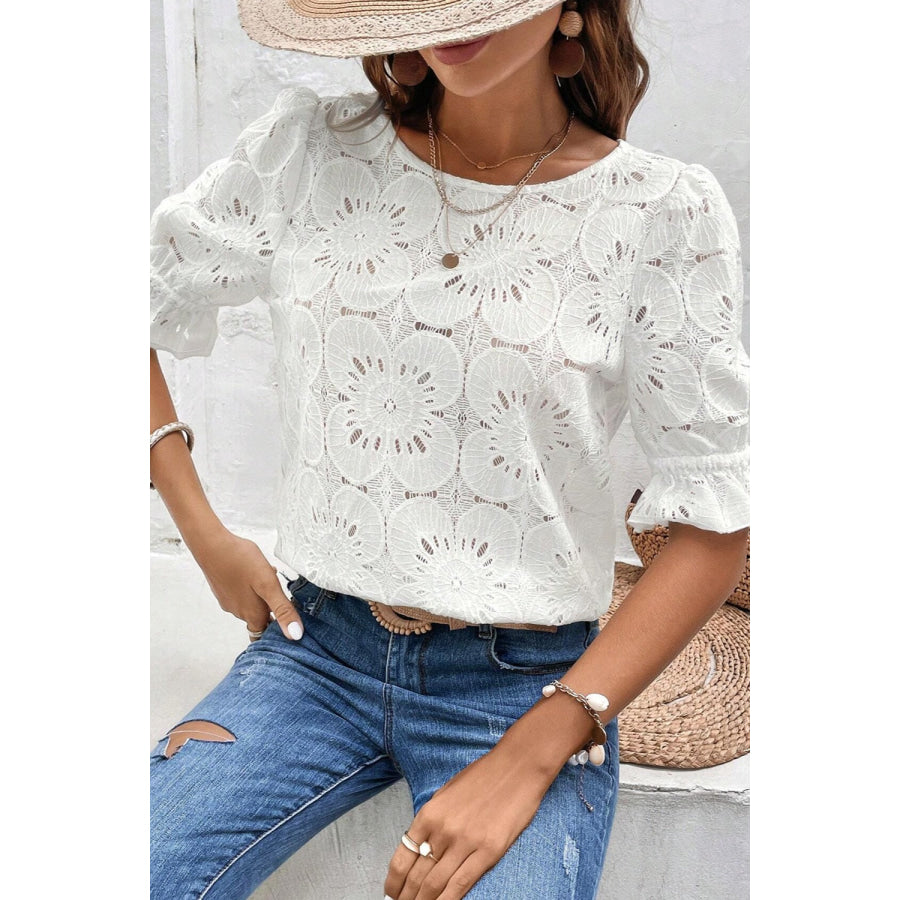 Round Neck Flounce Sleeve Blouse White / S Apparel and Accessories