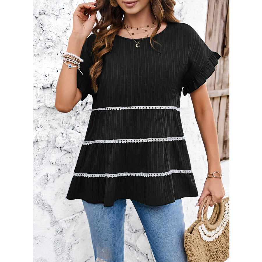 Round Neck Flounce Sleeve Blouse Apparel and Accessories