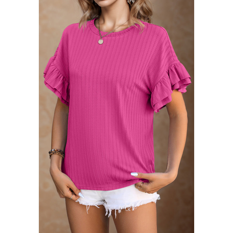 Round Neck Flounce Sleeve Blouse Apparel and Accessories