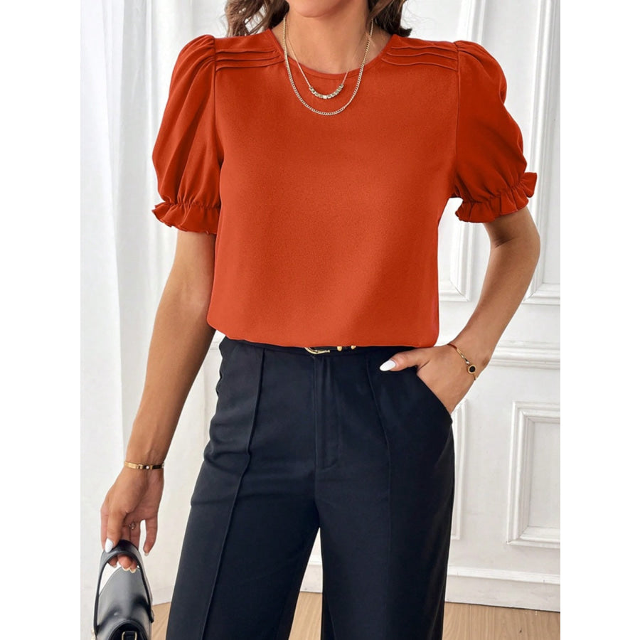 Round Neck Flounce Sleeve Blouse Apparel and Accessories