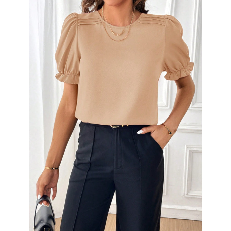 Round Neck Flounce Sleeve Blouse Apparel and Accessories