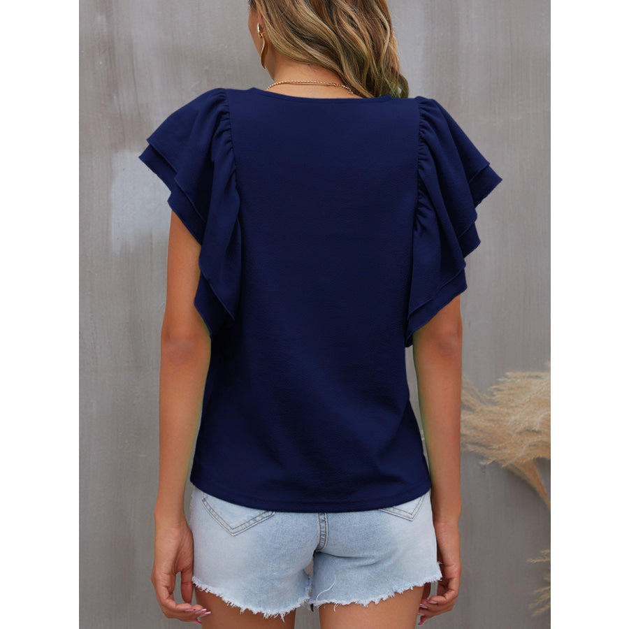 Round Neck Flounce Sleeve Blouse Apparel and Accessories