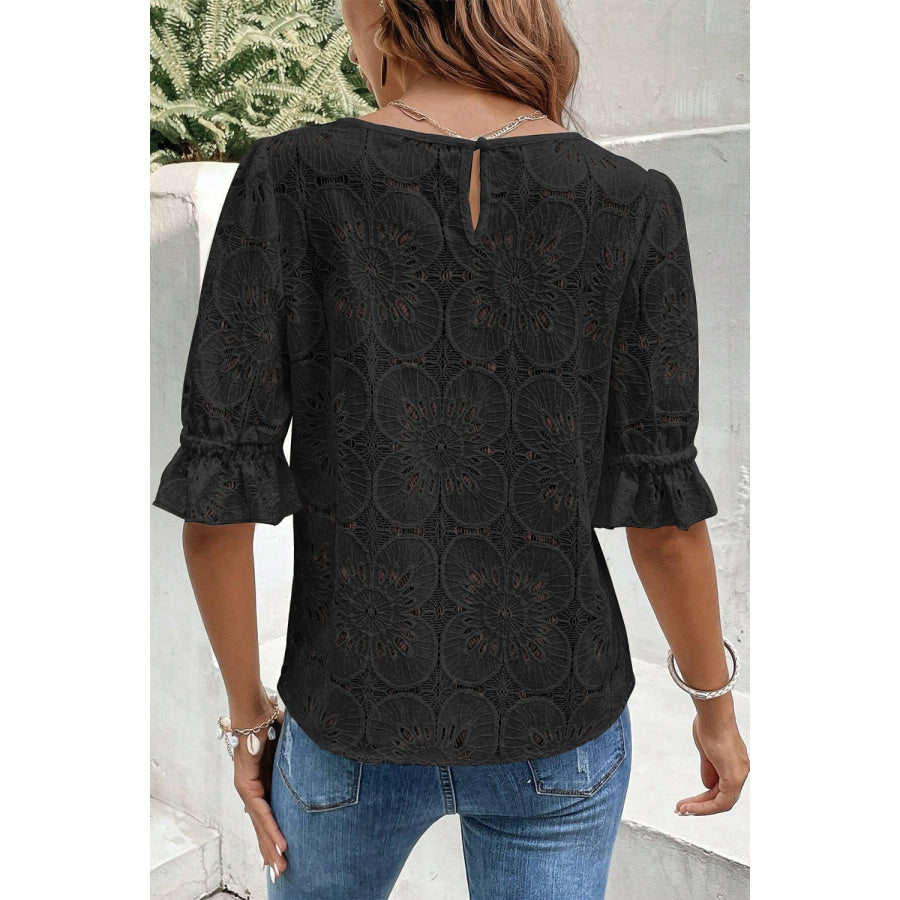 Round Neck Flounce Sleeve Blouse Apparel and Accessories