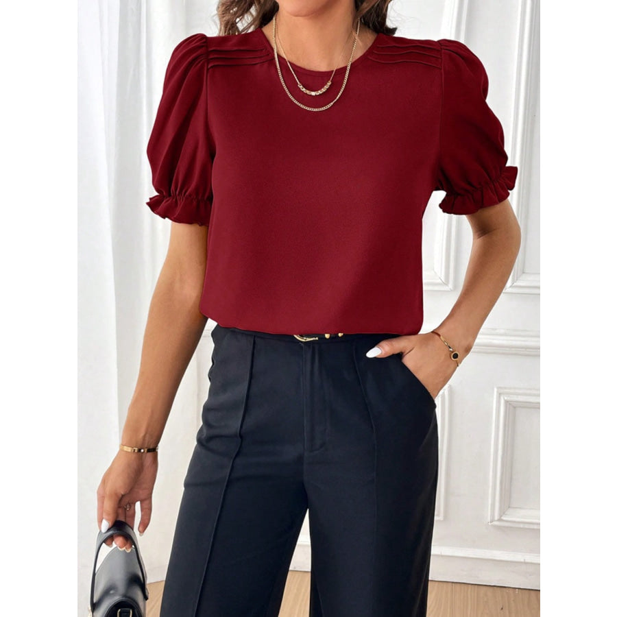 Round Neck Flounce Sleeve Blouse Apparel and Accessories