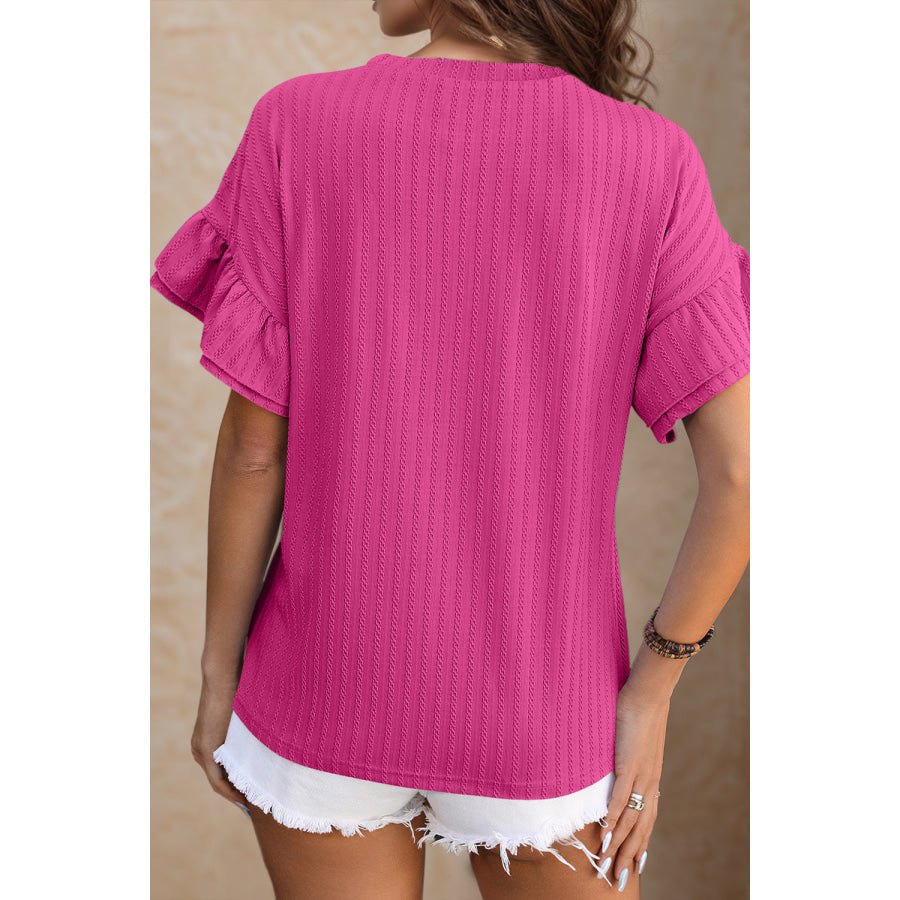 Round Neck Flounce Sleeve Blouse Deep Rose / S Apparel and Accessories