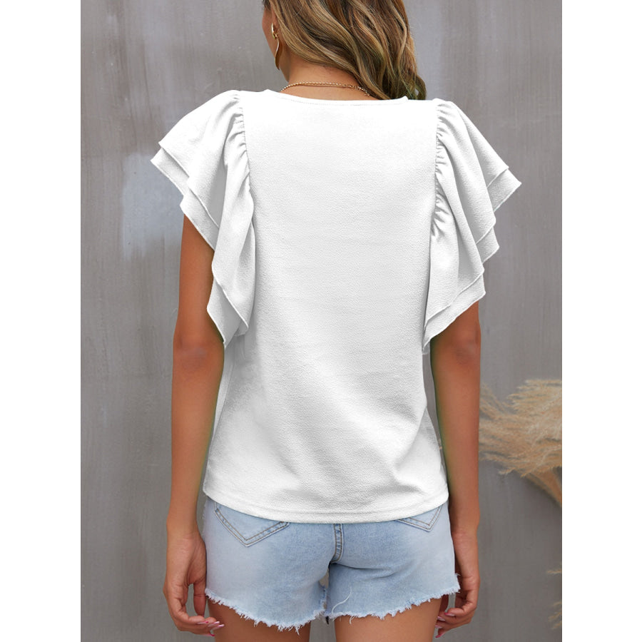 Round Neck Flounce Sleeve Blouse Apparel and Accessories