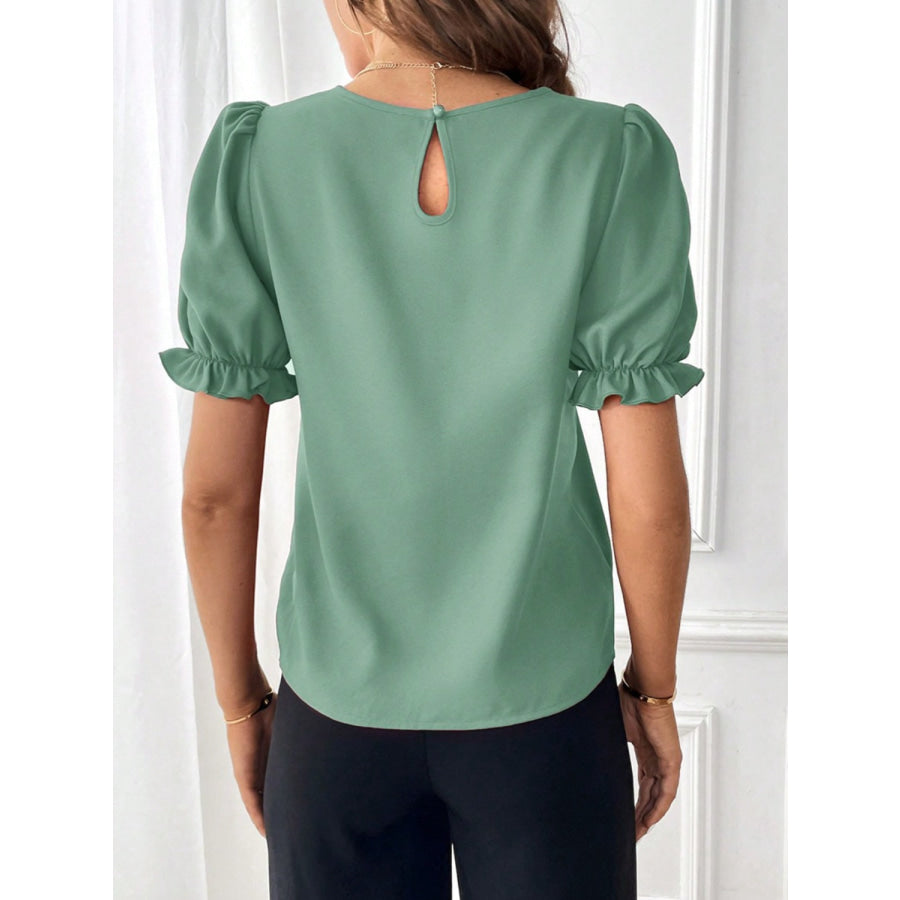 Round Neck Flounce Sleeve Blouse Apparel and Accessories