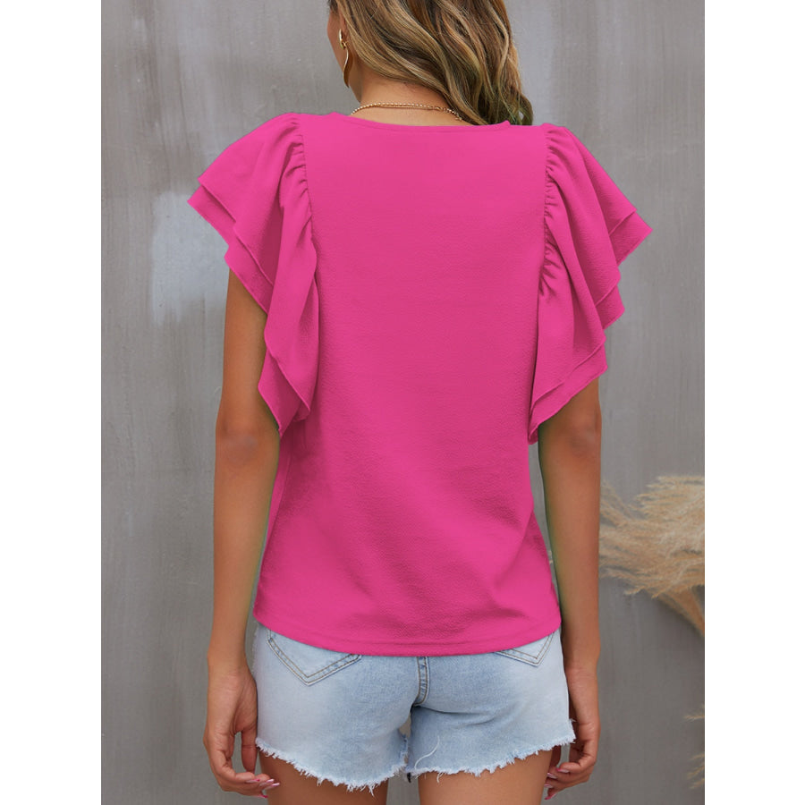 Round Neck Flounce Sleeve Blouse Apparel and Accessories