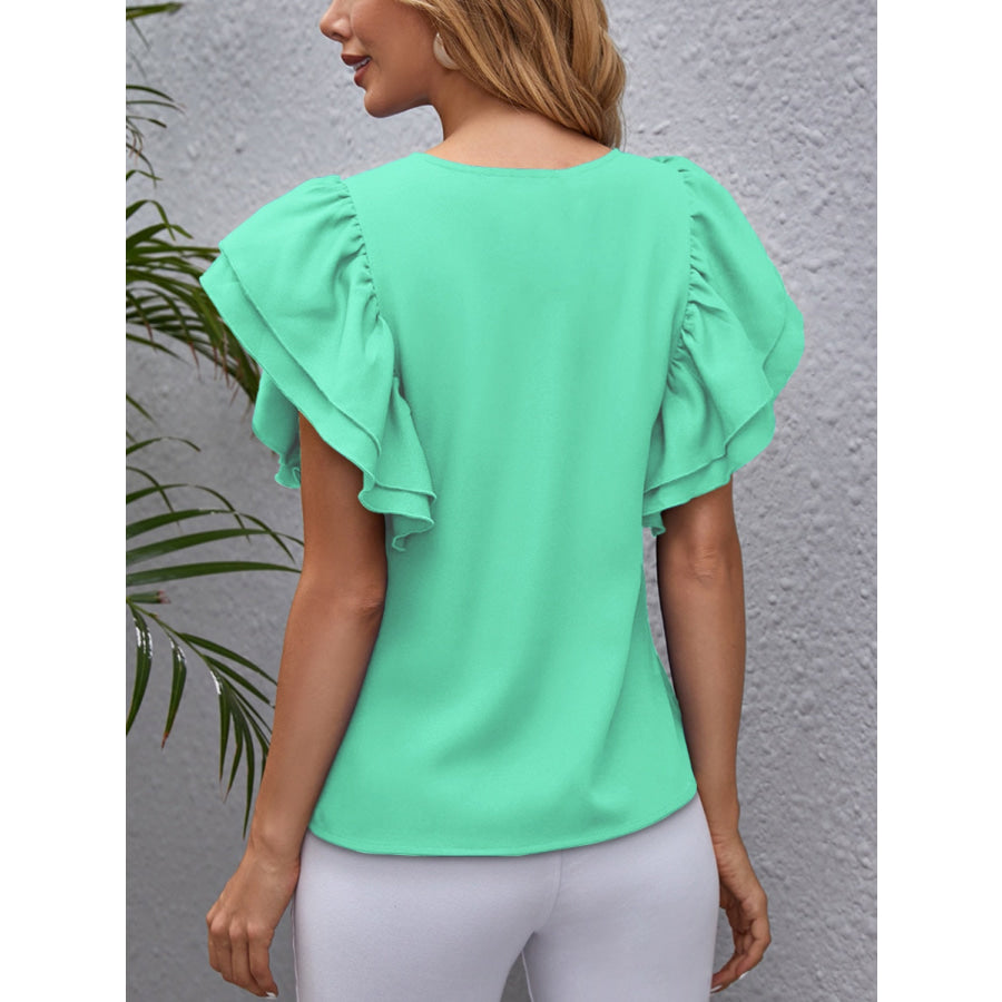 Round Neck Flounce Sleeve Blouse Tiffany Blue / S Apparel and Accessories