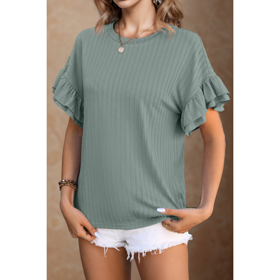 Round Neck Flounce Sleeve Blouse Apparel and Accessories