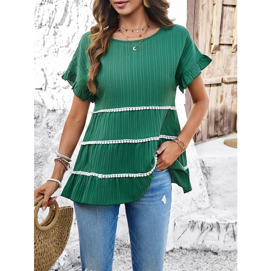 Round Neck Flounce Sleeve Blouse Apparel and Accessories