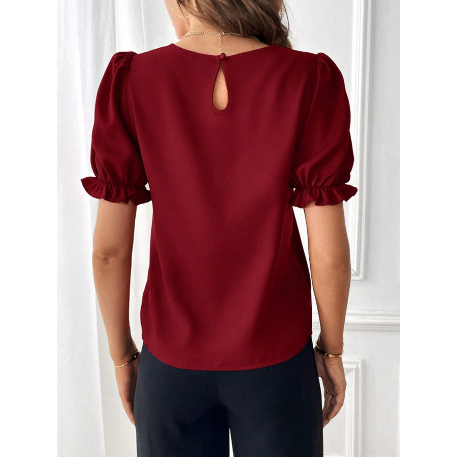 Round Neck Flounce Sleeve Blouse Apparel and Accessories