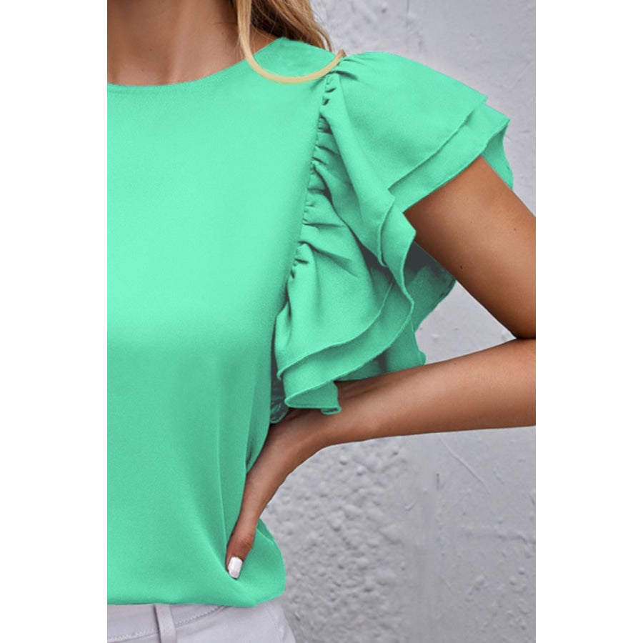 Round Neck Flounce Sleeve Blouse Apparel and Accessories