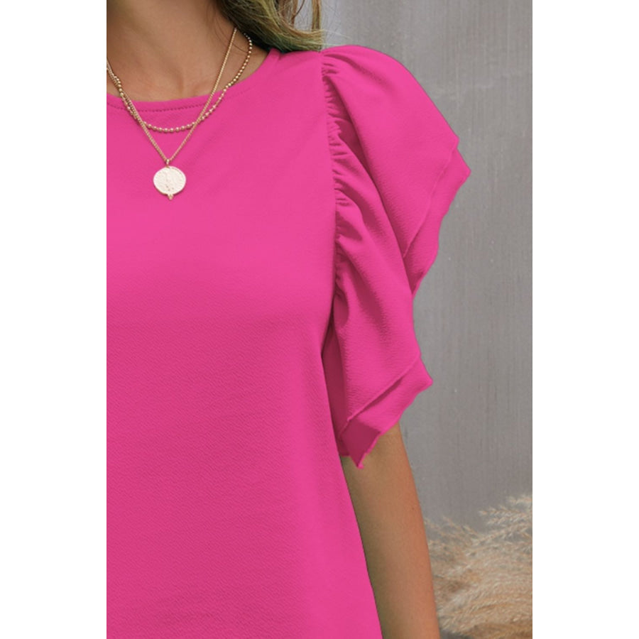 Round Neck Flounce Sleeve Blouse Apparel and Accessories