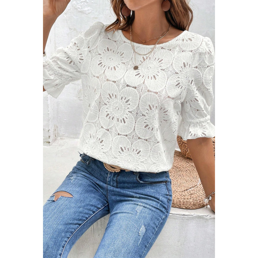 Round Neck Flounce Sleeve Blouse Apparel and Accessories