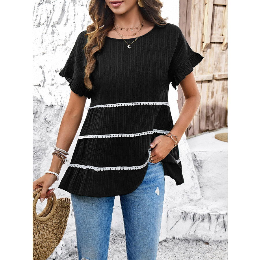 Round Neck Flounce Sleeve Blouse Apparel and Accessories