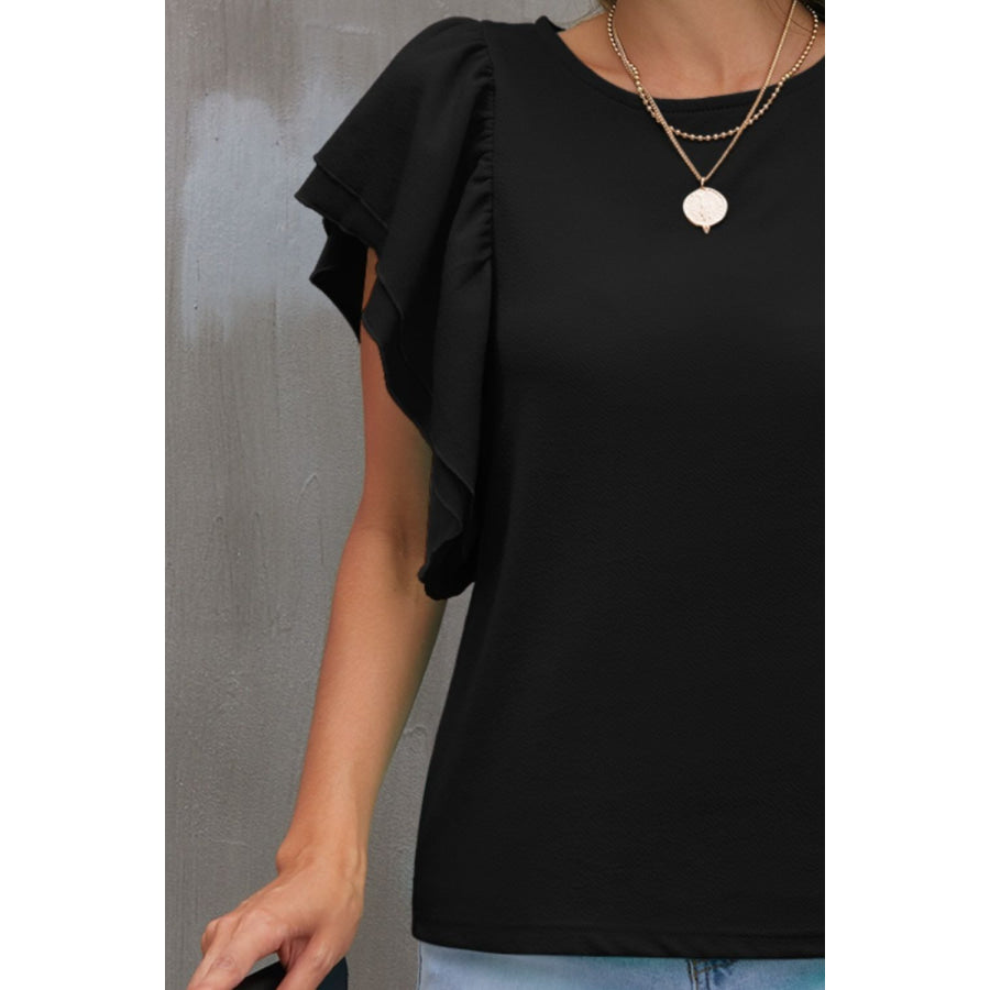 Round Neck Flounce Sleeve Blouse Apparel and Accessories