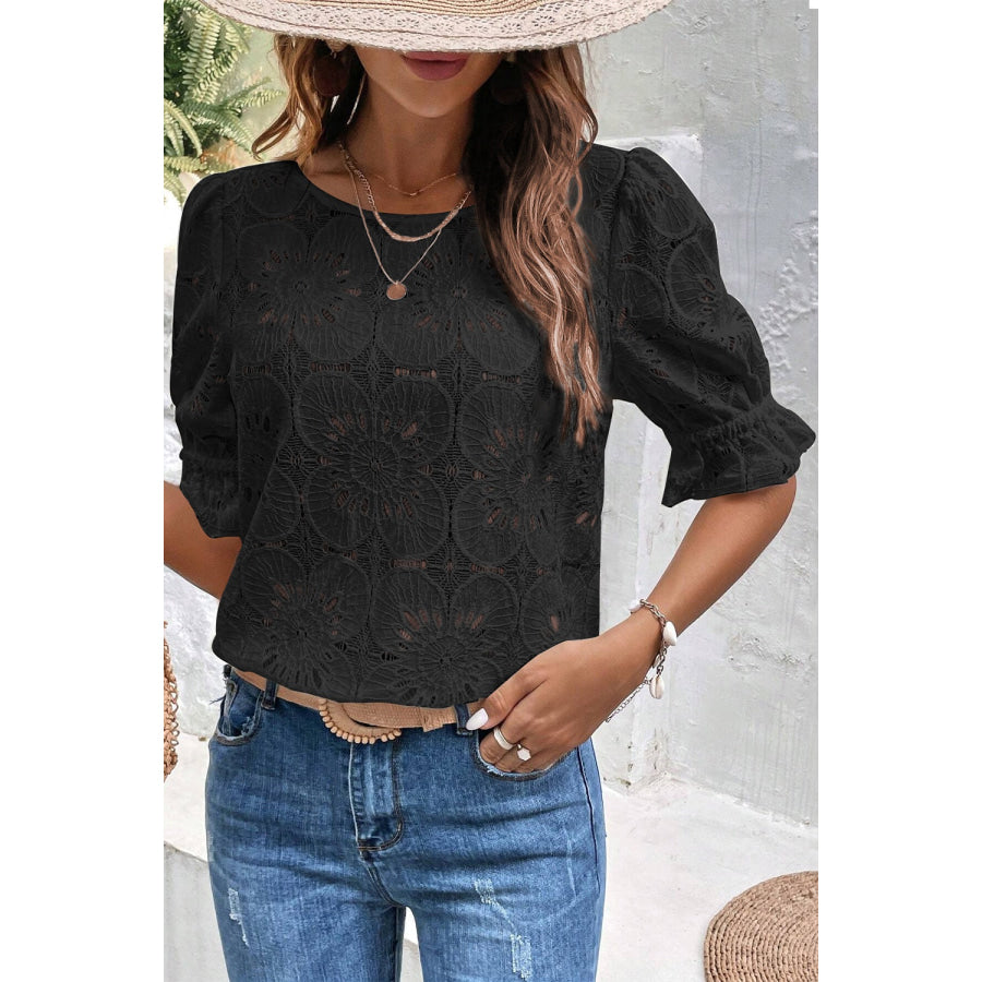 Round Neck Flounce Sleeve Blouse Black / S Apparel and Accessories