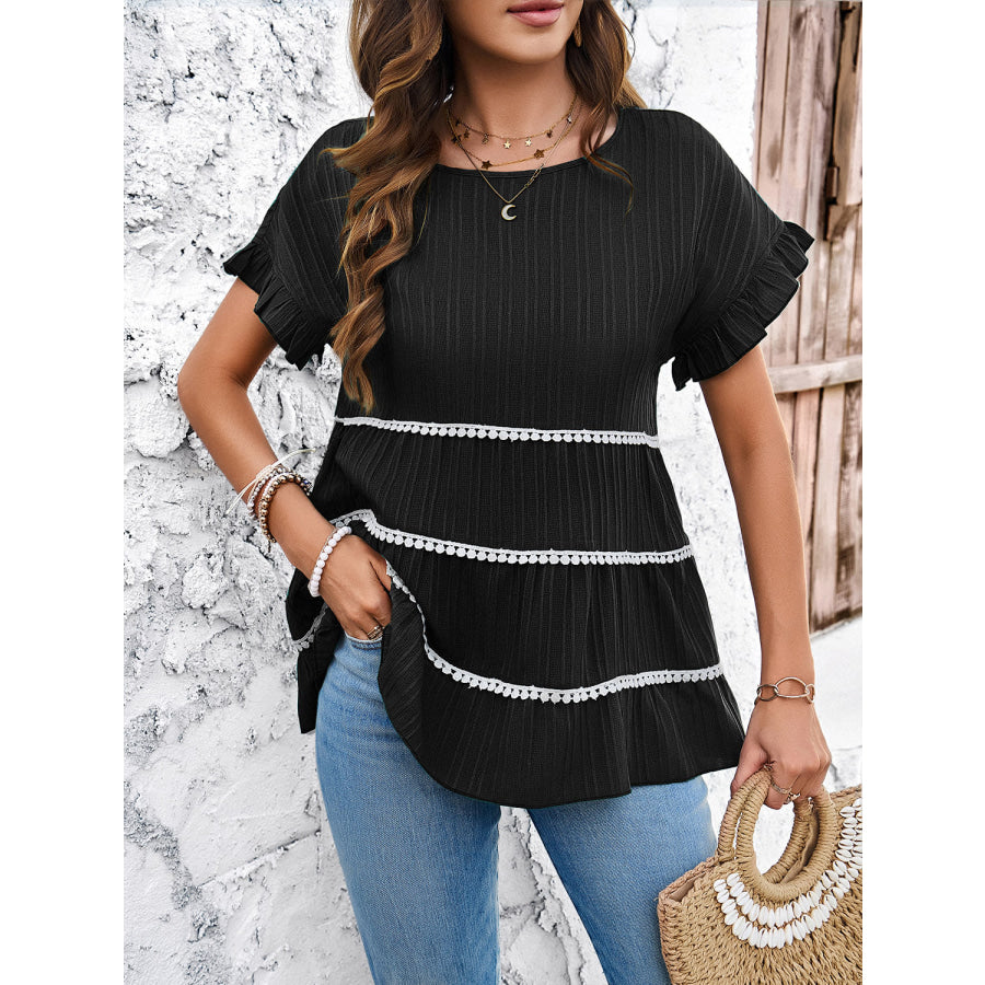 Round Neck Flounce Sleeve Blouse Black / S Apparel and Accessories