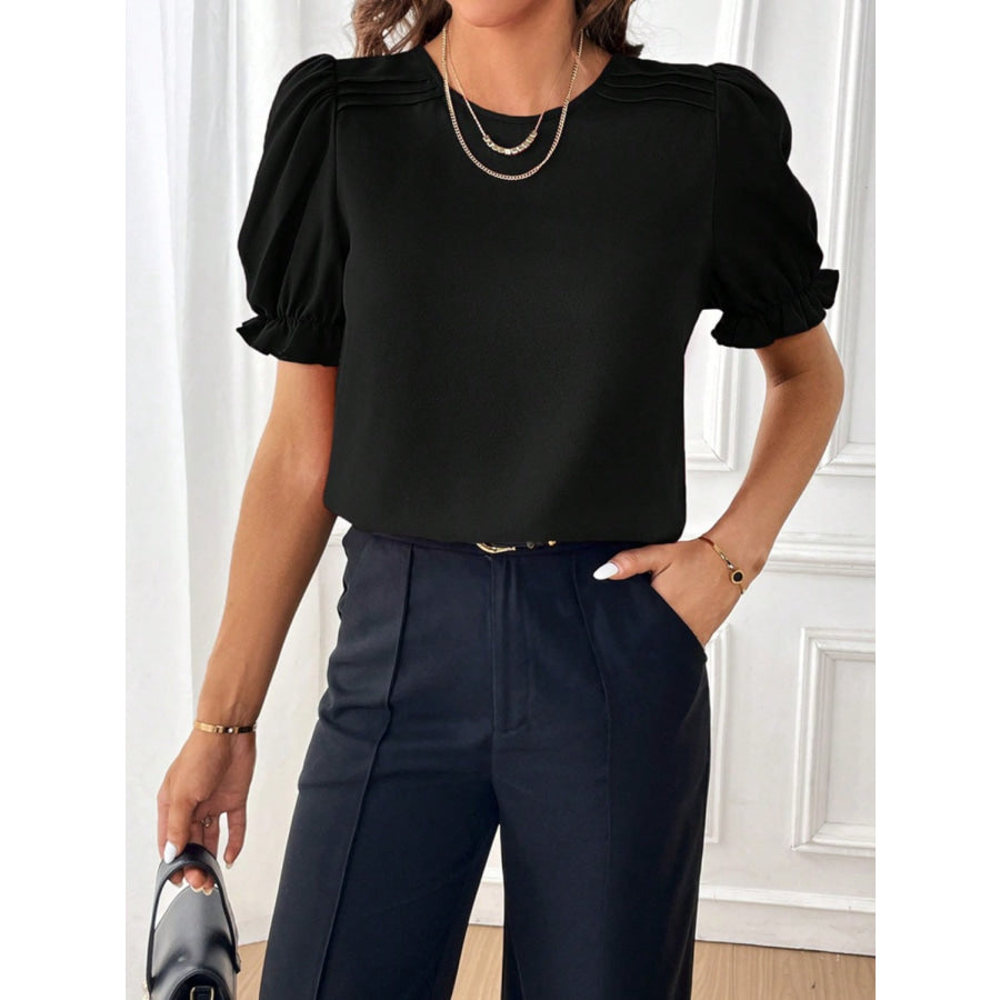 Round Neck Flounce Sleeve Blouse Black / S Apparel and Accessories