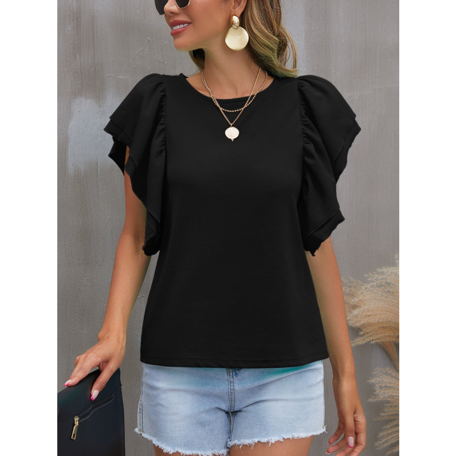 Round Neck Flounce Sleeve Blouse Black / S Apparel and Accessories