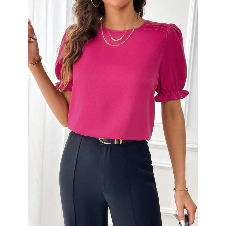 Round Neck Flounce Sleeve Blouse Cerise / S Apparel and Accessories