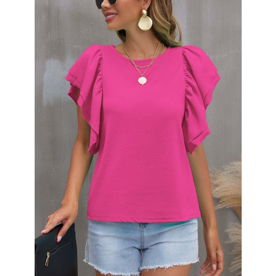 Round Neck Flounce Sleeve Blouse Deep Rose / S Apparel and Accessories