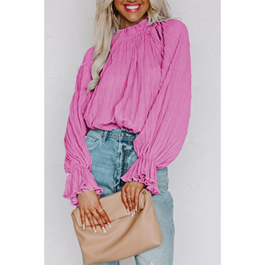 Round Neck Flounce Sleeve Blouse Fuchsia Pink / S