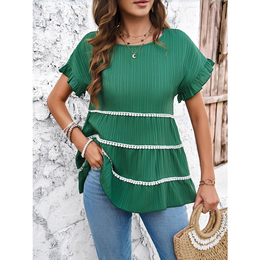 Round Neck Flounce Sleeve Blouse Mid Green / S Apparel and Accessories