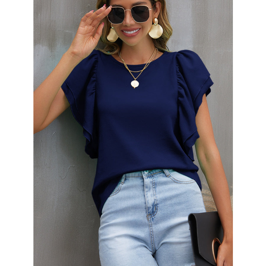 Round Neck Flounce Sleeve Blouse Navy / S Apparel and Accessories