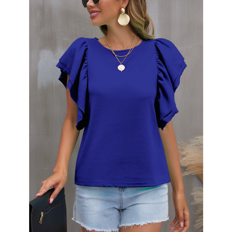 Round Neck Flounce Sleeve Blouse Royal Blue / S Apparel and Accessories