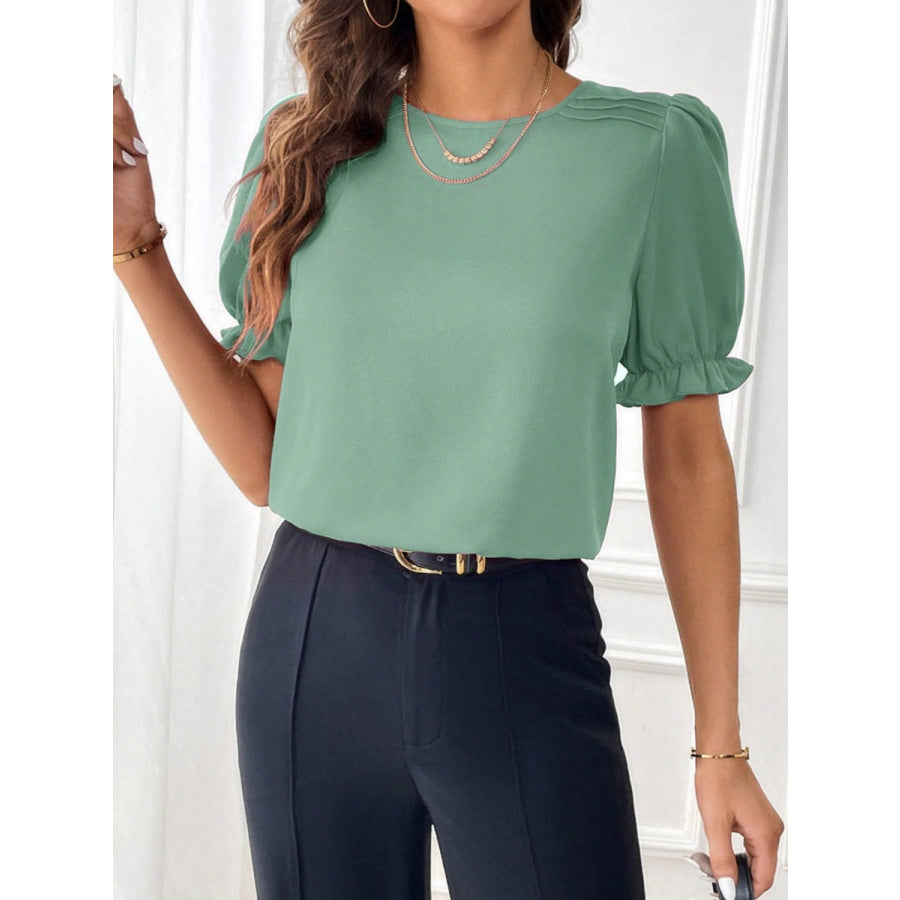 Round Neck Flounce Sleeve Blouse Sage / S Apparel and Accessories