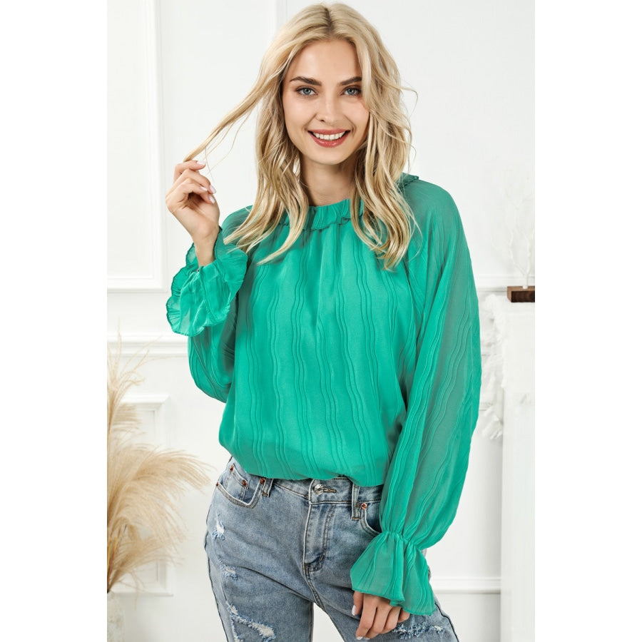 Round Neck Flounce Sleeve Blouse Teal / S