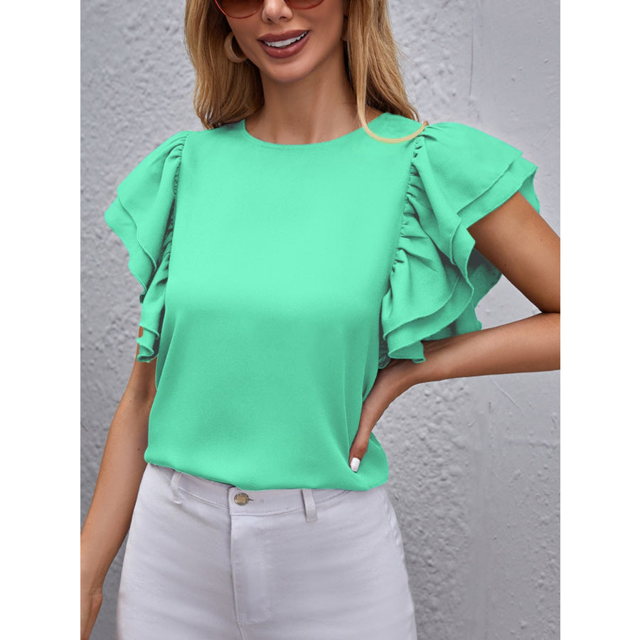 Round Neck Flounce Sleeve Blouse Tiffany Blue / S Apparel and Accessories