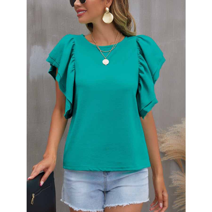 Round Neck Flounce Sleeve Blouse Turquoise / S Apparel and Accessories