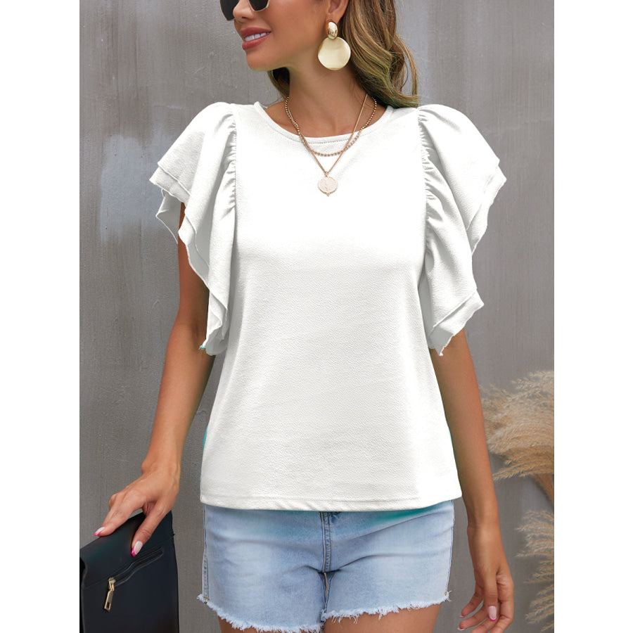 Round Neck Flounce Sleeve Blouse White / S Apparel and Accessories