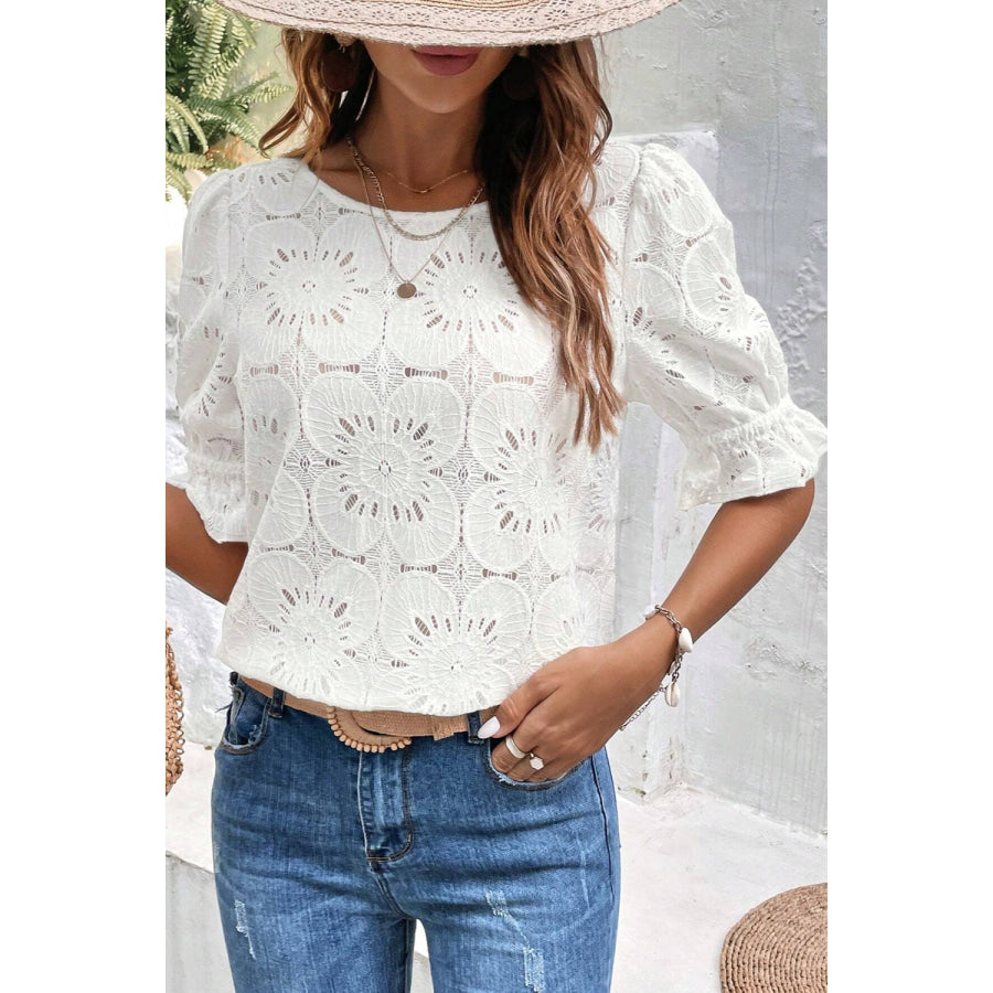 Round Neck Flounce Sleeve Blouse White / S Apparel and Accessories