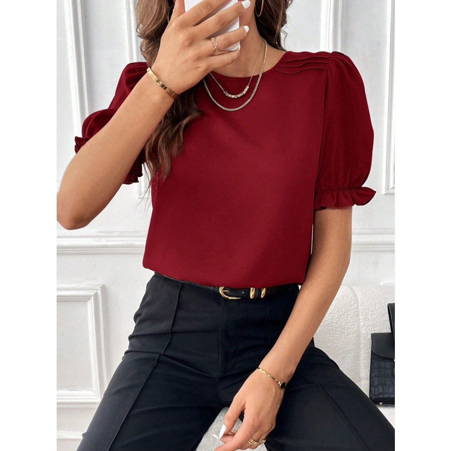 Round Neck Flounce Sleeve Blouse Wine / S Apparel and Accessories