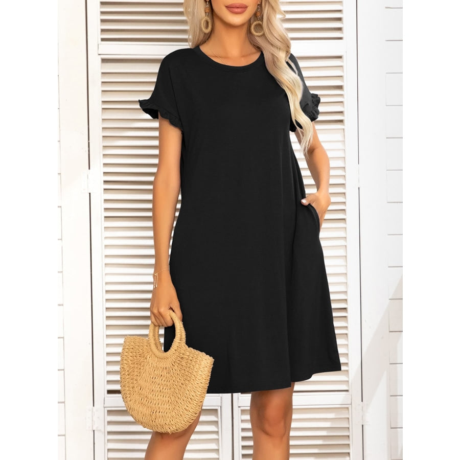 Round Neck Flounce Sleeve Dress with Pockets Black / S