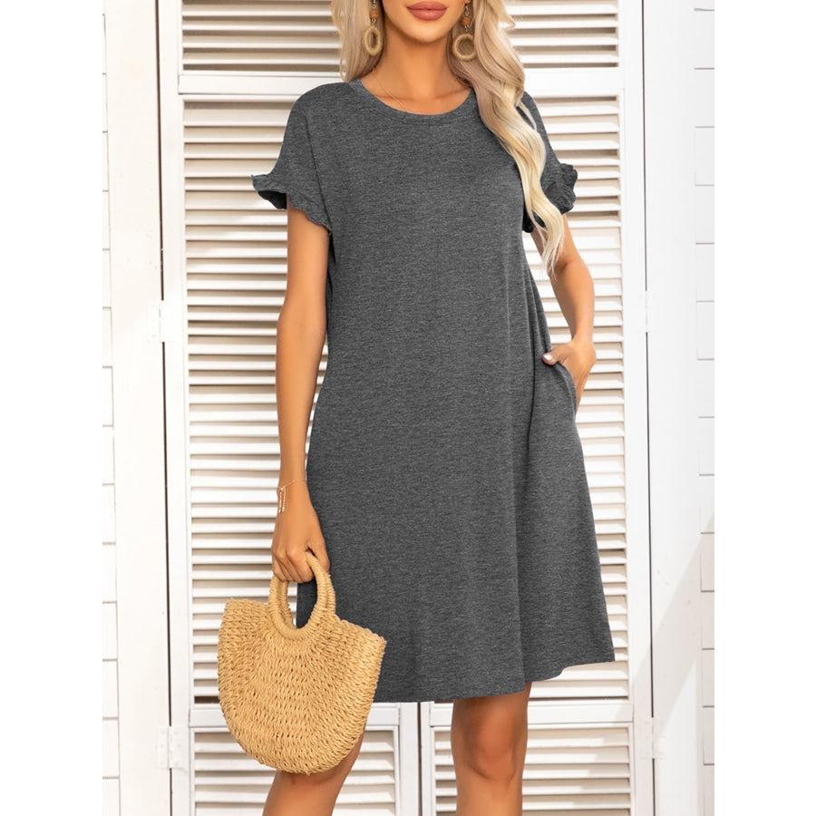 Round Neck Flounce Sleeve Dress with Pockets Charcoal / S