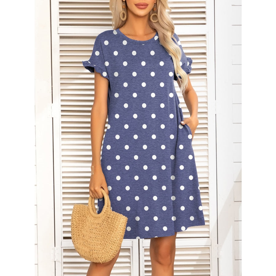 Round Neck Flounce Sleeve Dress with Pockets Dot / S