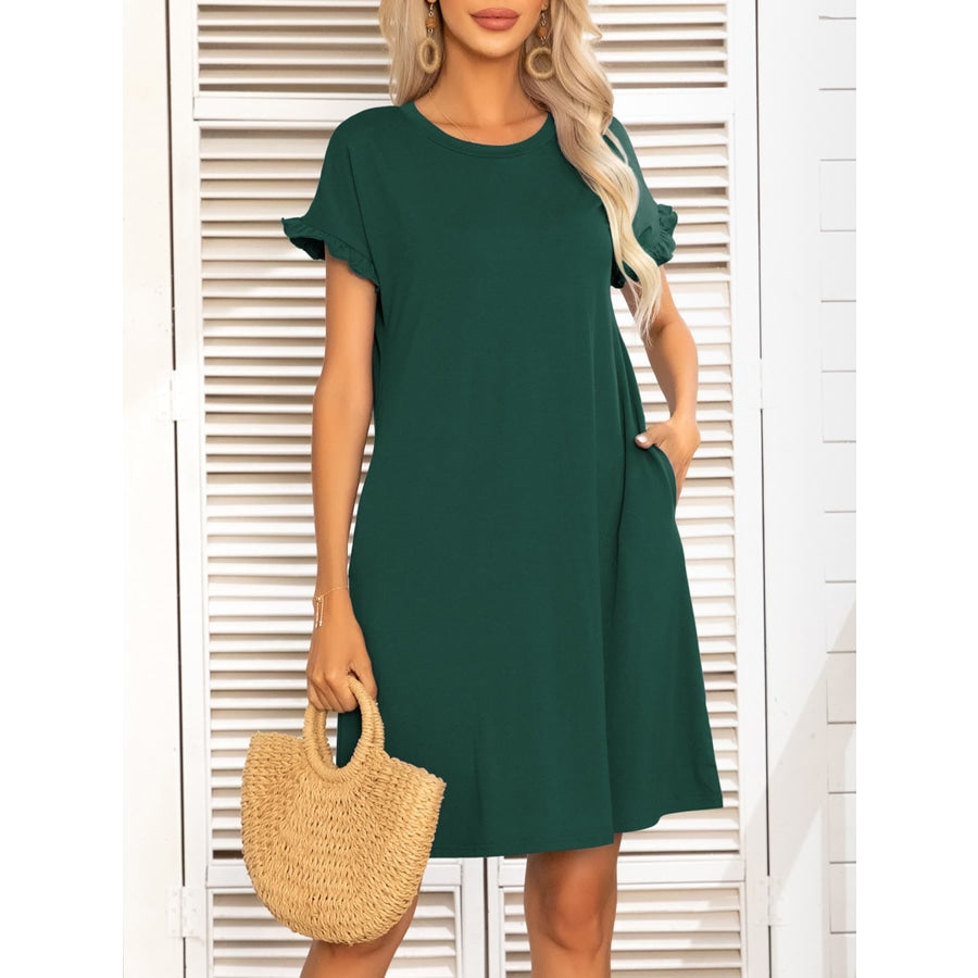 Round Neck Flounce Sleeve Dress with Pockets Green / S