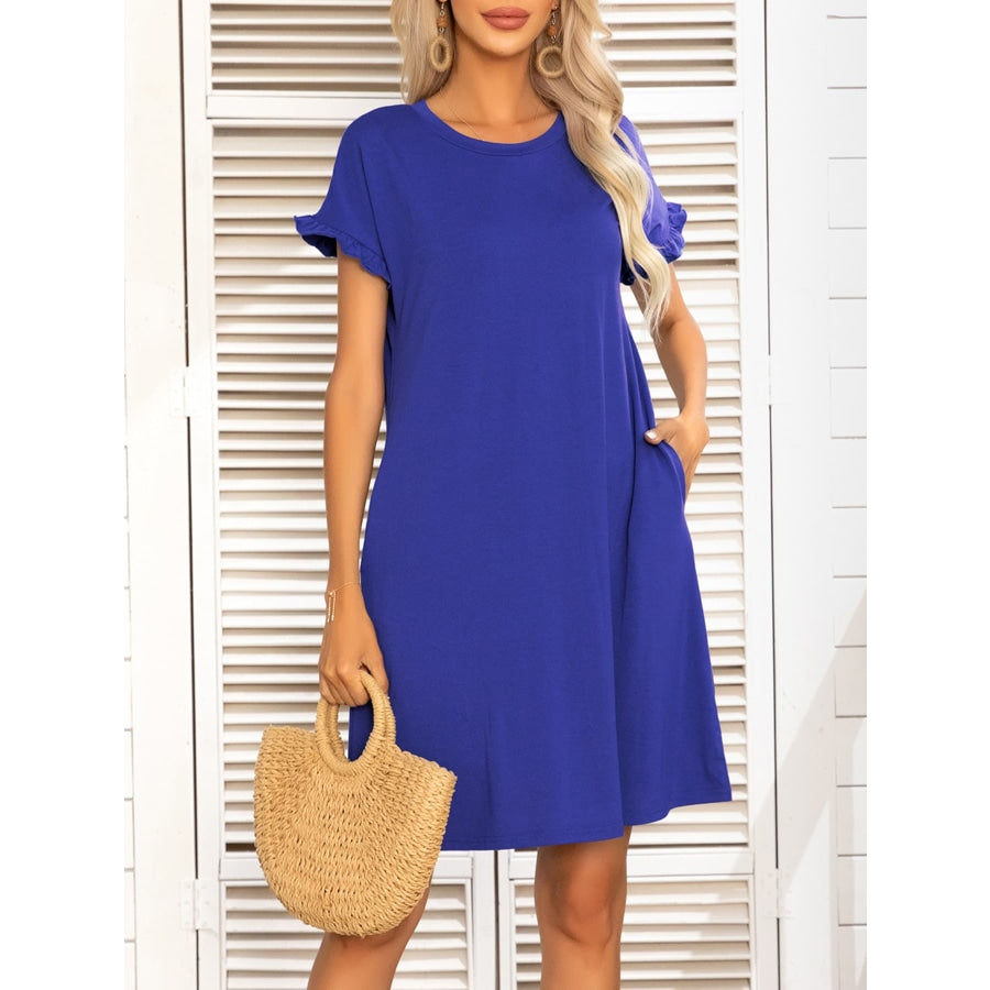 Round Neck Flounce Sleeve Dress with Pockets Royal Blue / S