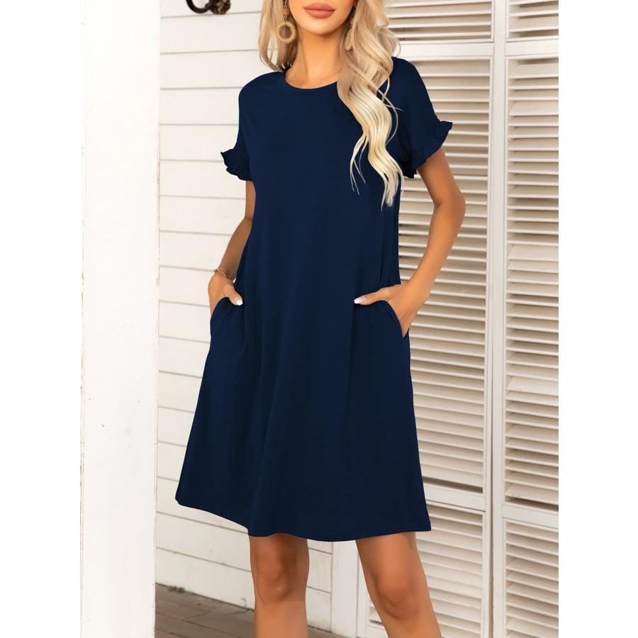 Round Neck Flounce Sleeve Dress with Pockets