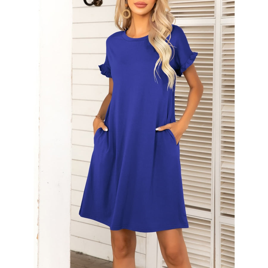 Round Neck Flounce Sleeve Dress with Pockets