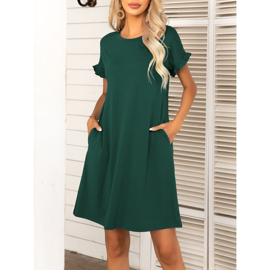 Round Neck Flounce Sleeve Dress with Pockets